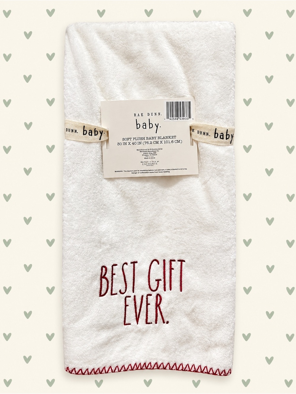 Rae Dunn Baby White Plush Blanket with Red Embroidery